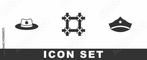 Set Sheriff hat with badge, Prison window and Police cap cockade icon. Vector