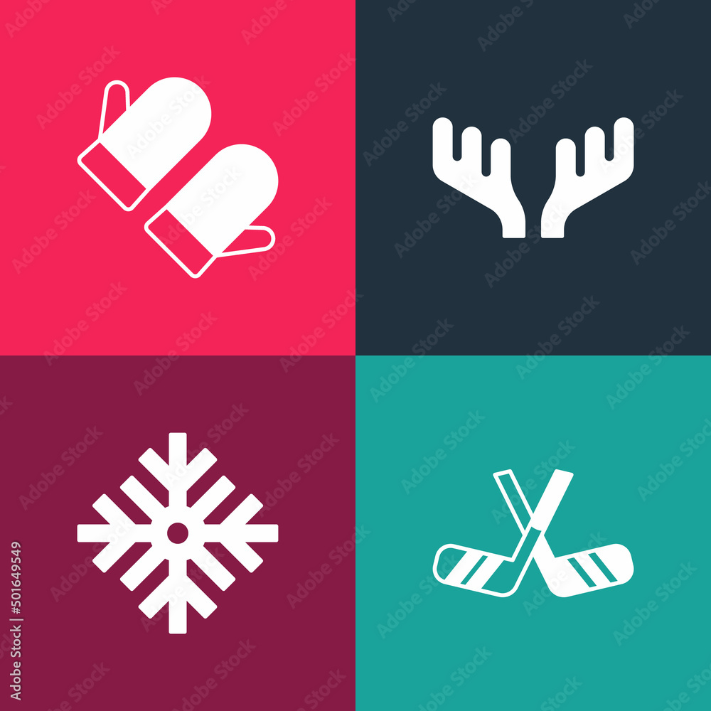Obraz premium Set pop art Ice hockey sticks, Snowflake, Deer antlers and Christmas mitten icon. Vector