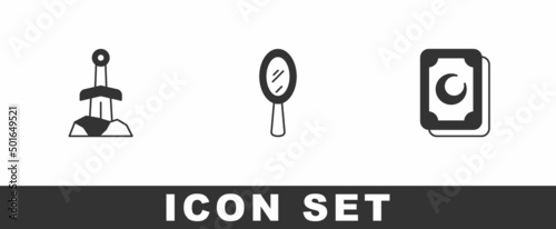 Set Sword in the stone, Magic hand mirror and Tarot cards icon. Vector