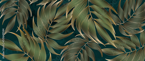 Luxury background with tropical exotic leaves in green and gold colors. Botanical art banner for wallpaper design, decor, interior design, packaging
