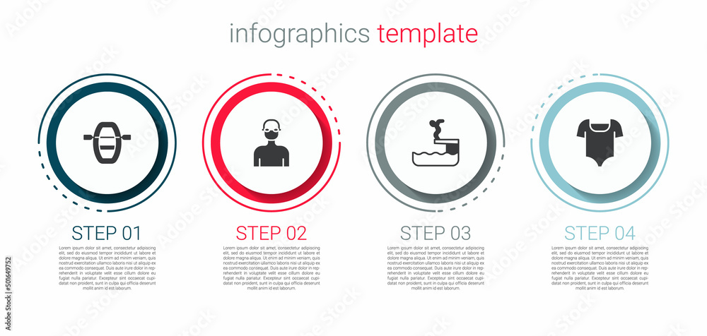 Set Boat with oars, Swimmer, diving into pool and Swimsuit. Business infographic template. Vector