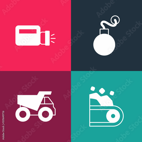 Set pop art Conveyor belt carrying coal, Mining dump truck, Bomb and Flashlight icon. Vector