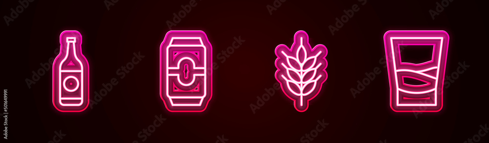 Set line Beer bottle, can, Hop and Glass of vodka. Glowing neon icon. Vector Set line Beer bottle, can, Hop and Glass of vodka. Glowing neon icon. Vector