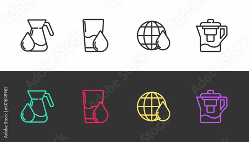 Set line Jug glass with water, Glass, Earth planet in drop and Water jug filter on black and white. Vector