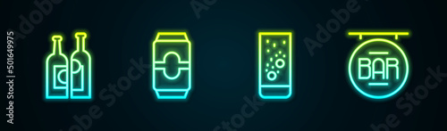 Set line Bottles of wine, Beer can, Effervescent tablets water and Street signboard with Bar. Glowing neon icon. Vector