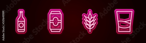 Set line Beer bottle, can, Hop and Glass of vodka. Glowing neon icon. Vector
