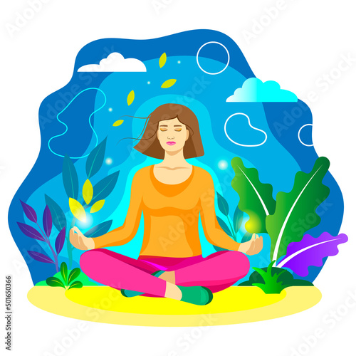 Yoga meditation relaxation vector illustration. International Day of Yoga. Organic flat woman meditating. Hand drawn flat design digital illustration. Hand drawn flat design retreat landing page.
