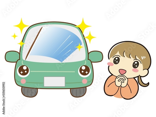新品の車のワイパーを見てときめく女性