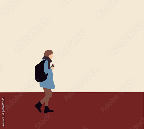 Man with backpack eating hot dog while walking down urban street flat style concept. Flat cartoon illustration. Stock vector