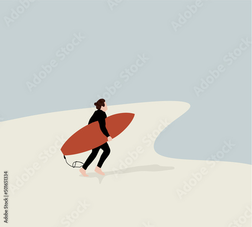 Man surfer with his surfboard running to the waves activity on summer vacation. Surfing action water board sport. Colorful flat cartoon vector illustration.