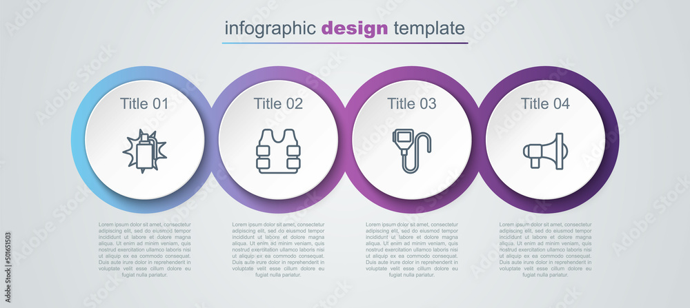 Set line Hand grenade, Bulletproof vest, Walkie talkie and Megaphone. Business infographic template. Vector