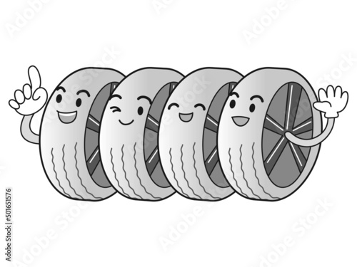 タイヤ4本セットのイラスト(顔あり)