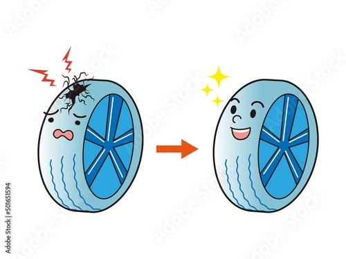 バーストしたタイヤを交換するイラスト