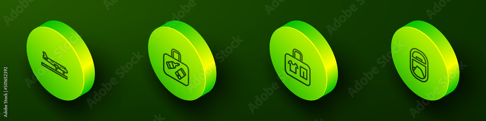 Set Isometric line Plane, Suitcase, and Airplane window icon. Vector Set Isometric line Plane, Suitcase, and Airplane window icon. Vector