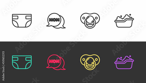 Set line Baby absorbent diaper, Speech bubble mom, dummy pacifier and bathtub on black and white. Vector