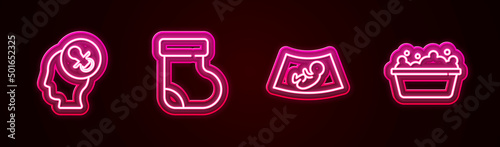 Set line Baby dummy pacifier, socks clothes, Ultrasound of baby and bathtub. Glowing neon icon. Vector