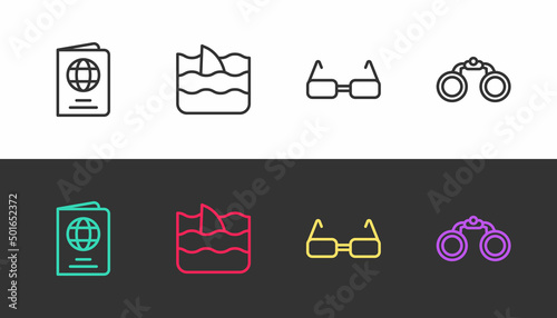Set line Passport, Shark fin in ocean wave, Glasses and Binoculars on black and white. Vector