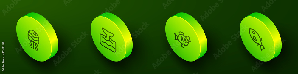 Set Isometric line Jellyfish, Whale tail in ocean wave, Tropical and icon. Vector Set Isometric line Jellyfish, Whale tail in ocean wave, Tropical and icon. Vector