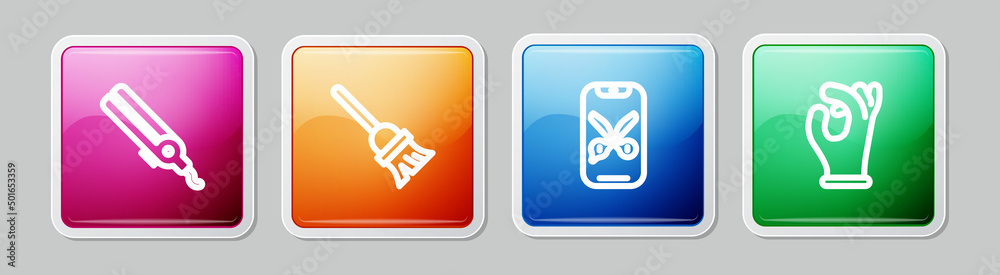 Set line Curling iron, Mop, Barber online service or platform and Medical rubber gloves. Colorful square button. Vector Set line Curling iron, Mop, Barber online service or platform and Medical rubber gloves. Colorful square button. Vector
