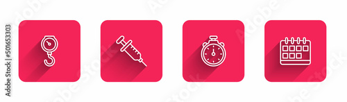 Set line Hand scale spring mechanical, Syringe, Stopwatch and Calendar with long shadow. Red square button. Vector