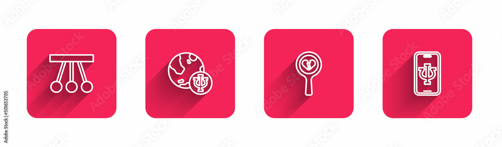 Set line Pendulum, Psychology, Psi, Broken heart or divorce and Psychologist online with long shadow. Red square button. Vector Set line Pendulum, Psychology, Psi, Broken heart or divorce and Psychologist online with long shadow. Red square button. Vector