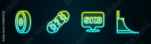 Set line Skateboard ball bearing, Broken skateboard, and park. Glowing neon icon. Vector