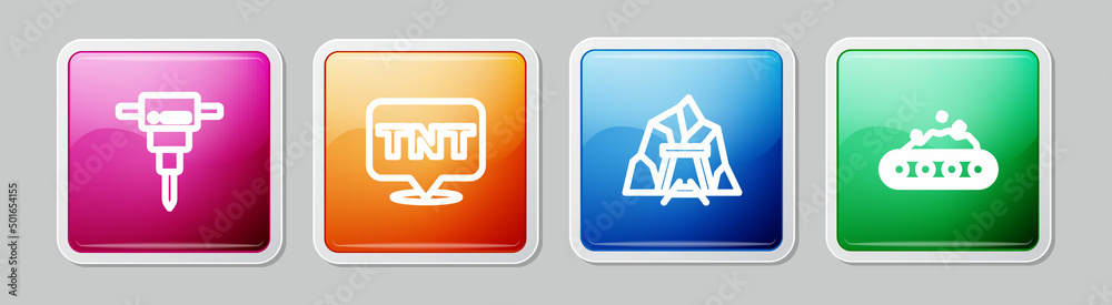 Set line Construction jackhammer, Dynamite, Mine entrance and Conveyor belt carrying coal. Colorful square button. Vector Set line Construction jackhammer, Dynamite, Mine entrance and Conveyor belt carrying coal. Colorful square button. Vector