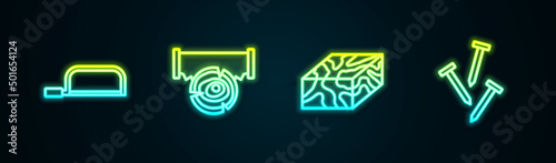 Set line Hacksaw, Two-handed and log, Wooden beam and Metallic nails. Glowing neon icon. Vector