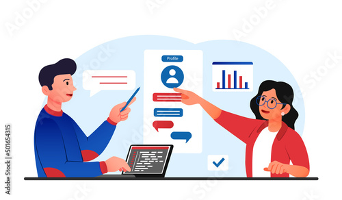 Know your customers concept. Young male and female marketers create profile of target audience of business. Analysis of customer and user data. Successful sales. Cartoon flat vector illustration