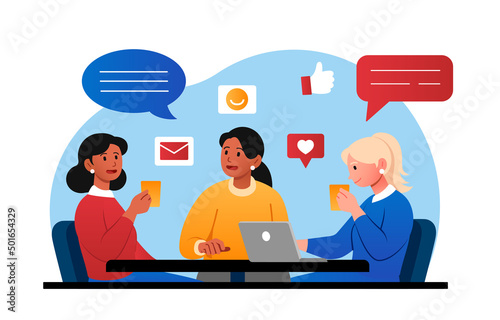 Communication with friends and relationships concept. Smiling girls sitting at table in cafe, talking, drinking coffee and working. Characters share news and relax. Cartoon flat vector illustration