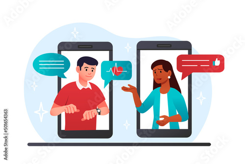 Online consultation with doctor concept. Man communicates with therapist on smartphone screen or via video link. Female cardiologist measures pulse using smartwatch. Cartoon flat vector illustration