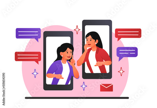 Friends share secrets concept. Young smiling girls look out of smartphone screen, communicate and tell gossip. Female characters spread rumors online. Cartoon contemporary flat vector illustration