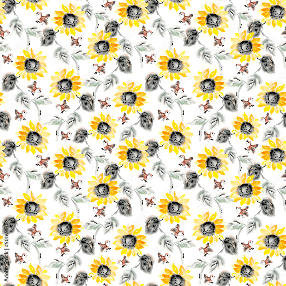 Sunflowers and sparrows, Chinese painting on rice paper, seamless pattern
