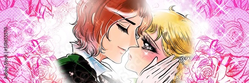 70年代少女漫画かっこいい王子様に急接近キスされる金髪縦ロールのお姫様イラストと薔薇背景