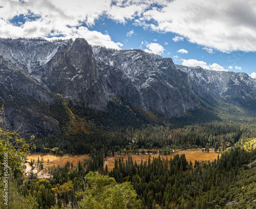 Upper Yosemite Falls wide angle view - Snow covered mountain range over Yosemite Valley © Ryan