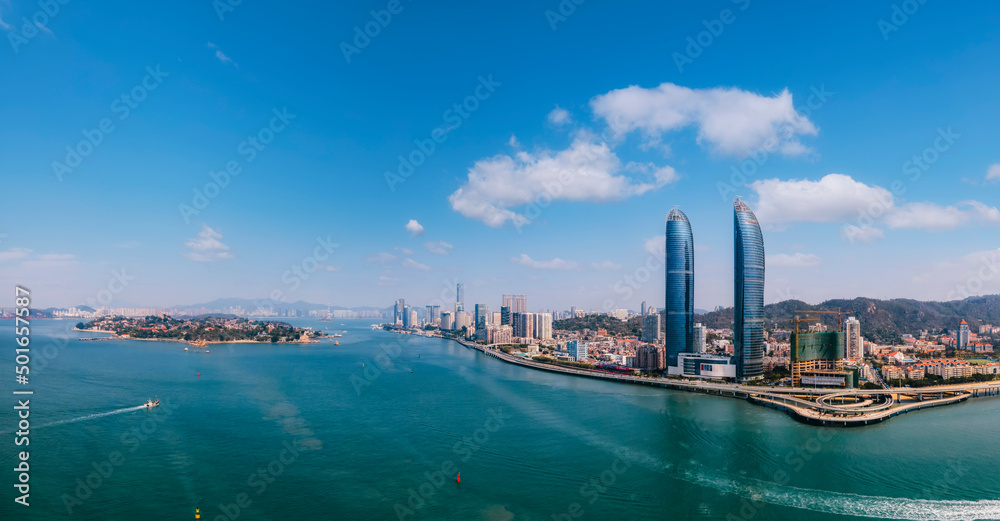 Aerial photography of the twin towers of the World Trade Center along the coastline of Xiamen