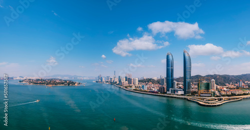 Aerial photography of the twin towers of the World Trade Center along the coastline of Xiamen