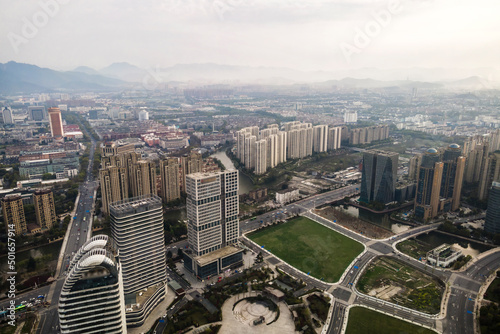 Aerial photography of modern office buildings in the central business district of Shaoxing