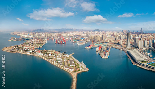 Aerial photography panoramic view of the city coastline of Qingdao, China