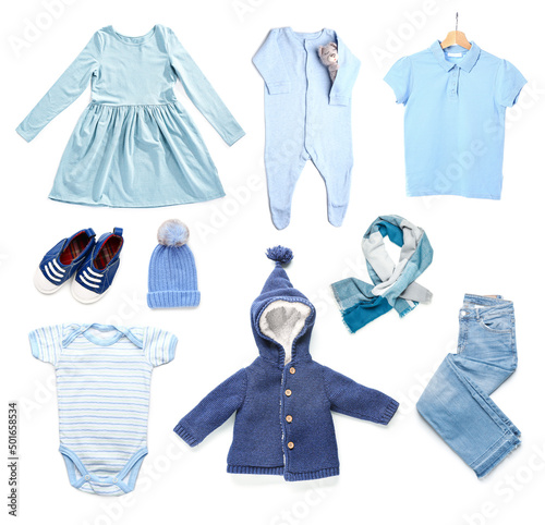 Set of stylish modern clothes for baby isolated on white © Pixel-Shot