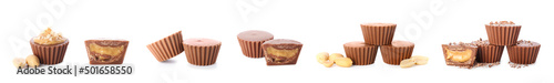 Set of homemade peanut butter cups on white background