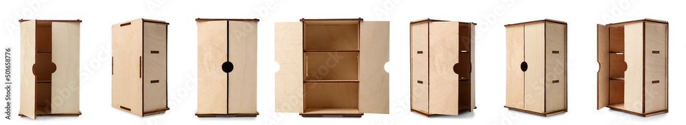 Set of toy wooden cabinet isolated on white Set of toy wooden cabinet isolated on white