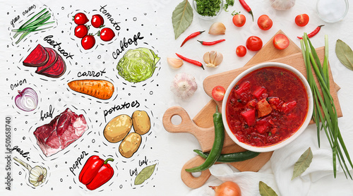 Bowl of tasty borscht and ingredients on light background photo