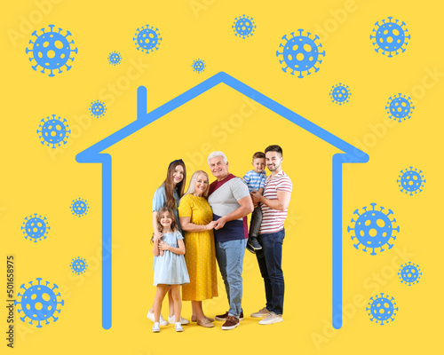 Healthy family, drawn house and viruses on yellow background. Concept of strong immunity