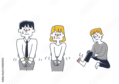 体の痒みで悩まされている人々のセット　コミカルな手書きの人物　ベクター、温かみのある線画