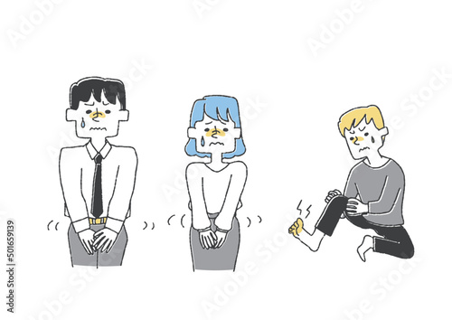 体の痒みで悩まされている人々のセット　コミカルな手書きの人物　ベクター、温かみのある線画