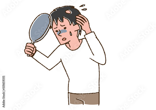 十円ハゲができて悩んでいる男性　コミカルな手書きの人物　ベクター、温かみのある線画