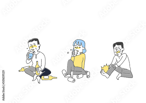 アルコールを大量に飲む人のセット　コミカルな手書きの人物　ベクター、温かみのある線画