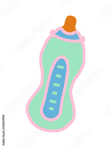 baby bottle with nipple for feeding girl or boy isolated vector hand drawn blue green pink nipple with expressed breast milk or infant formula for feeding