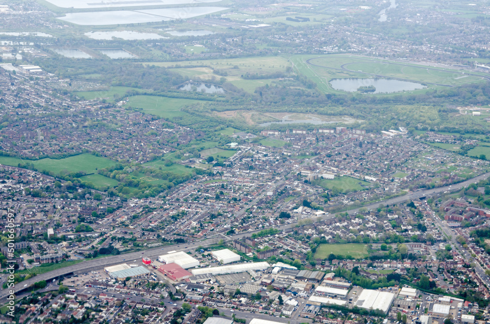 Obraz premium Aerial view of Sunbury on Thames, West London with Kempton Racecourse
